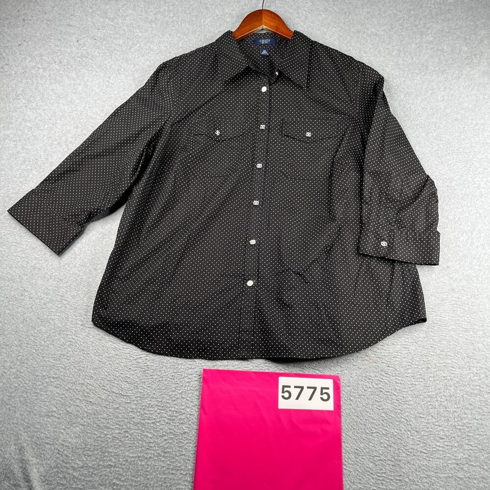 Womens Chaps 3/4 Sleeve Button Down Shirt Black White Polka Dots Size 2X